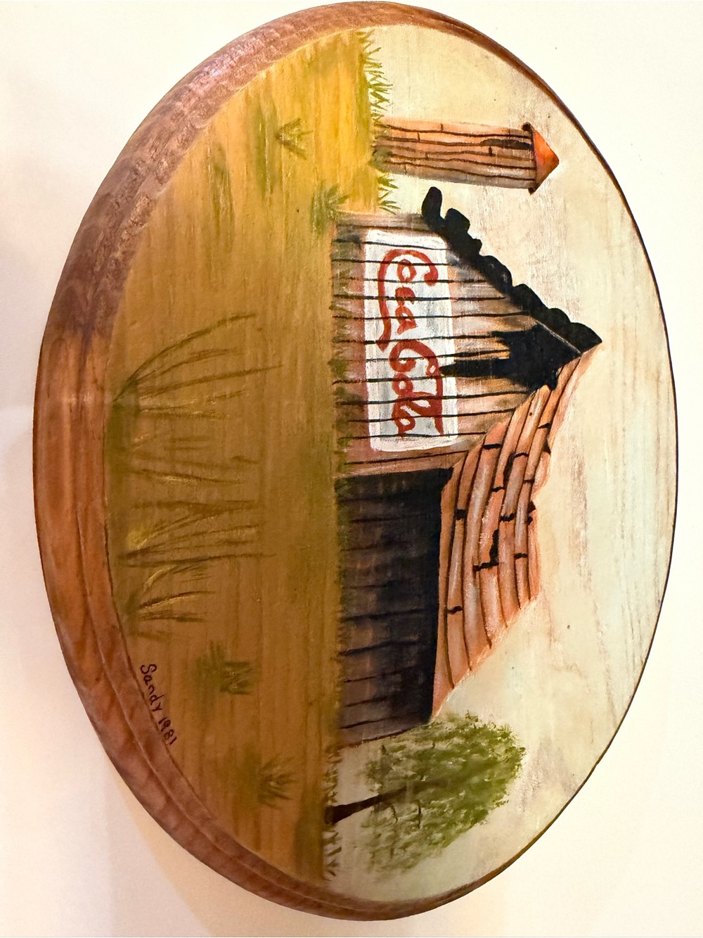Hand-Painted Rustic Hut Wall Art - Brown and Cream Coca Cola Farm Oval Wood